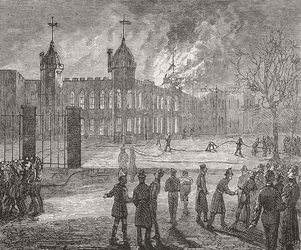 WOOLWICH. Royal Military Academy. NE Tower ablaze 1873 old antique print